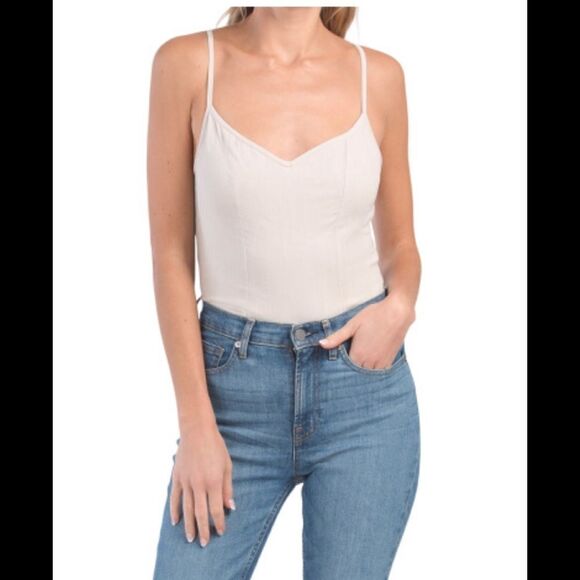 Free People Beige Last Rose Stretch Spaghetti Strap V-Neck Bodysuit- XS-NEW - Picture 2 of 11